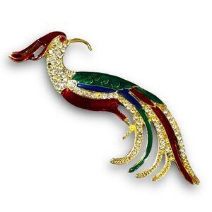 Vintage Rhinestone Enamel Bird of Paradice Brooch Multicolor Gold Tone EUC